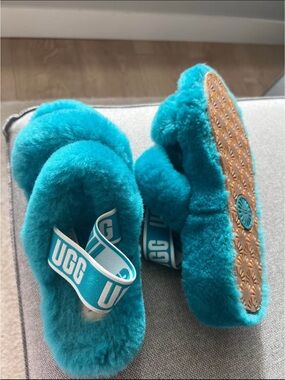 UGG Teal Plush Shearling Slide Sandals with Branded Strap